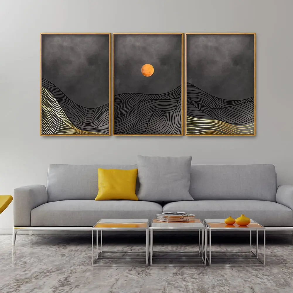 Beautiful Moon and Golden Mountains Line Art Floating Canvas Wall Painting Set of Three DECORMANTRA