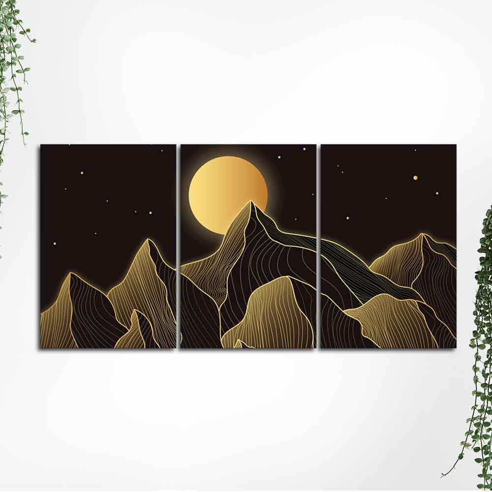 Beautiful Moon and Golden Mountains Wall Painting of 3 Pieces DECORMANTRA