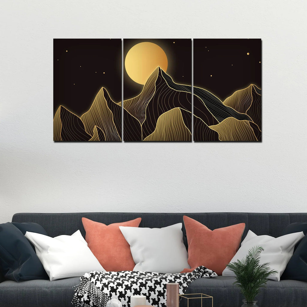 Beautiful Moon and Golden Mountains Wall Painting of 3 Pieces DECORMANTRA