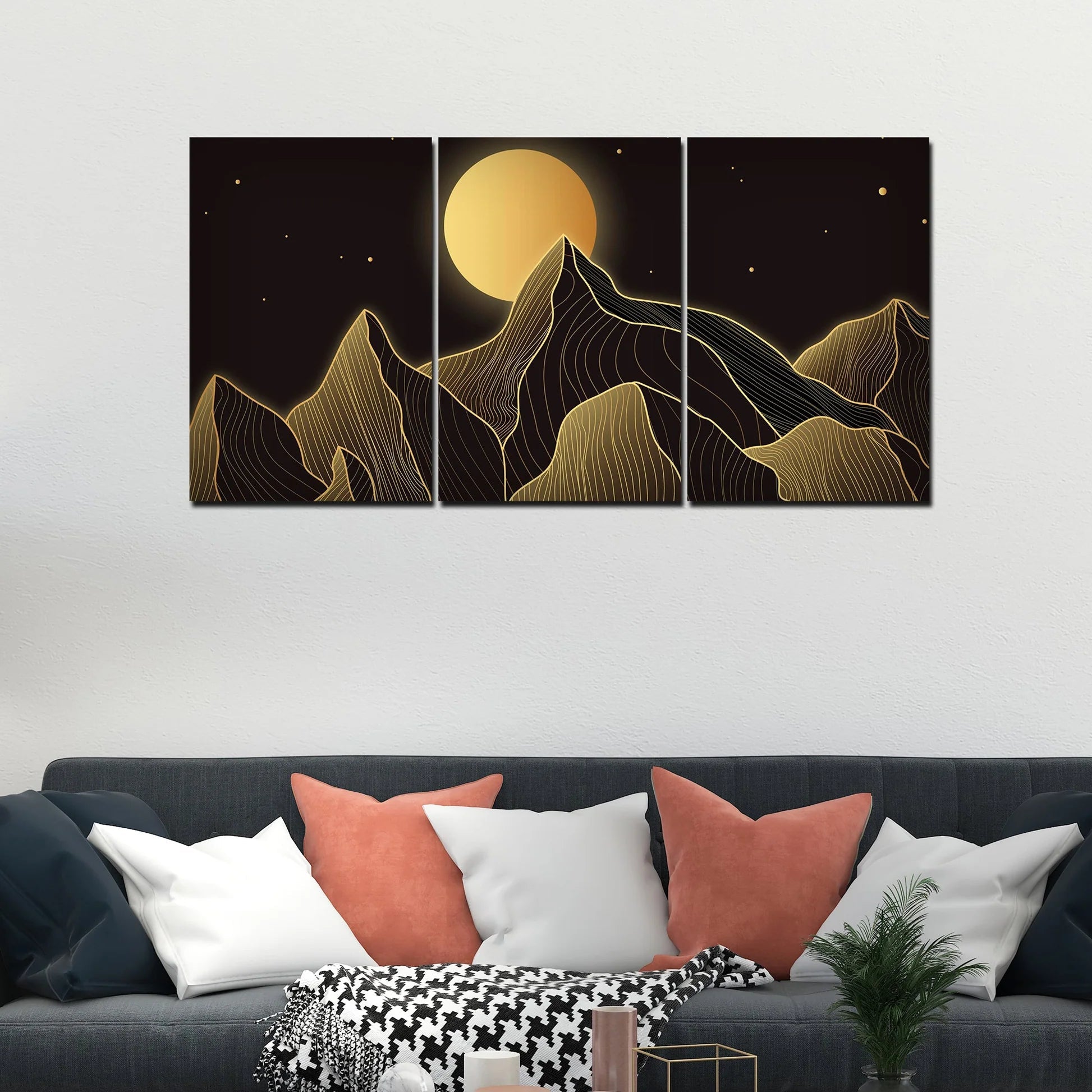 Beautiful Moon and Golden Mountains Wall Painting of 3 Pieces DECORMANTRA