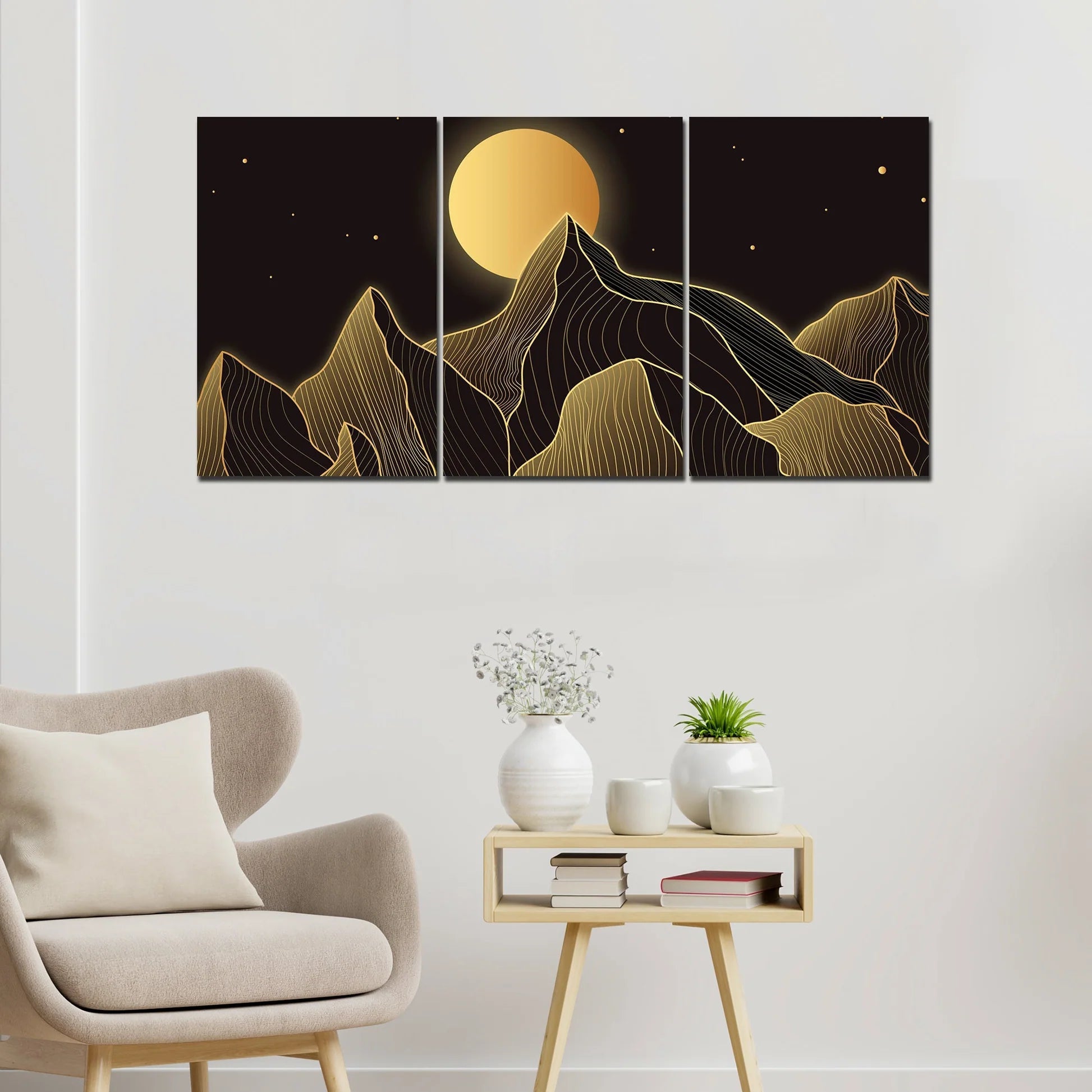 Beautiful Moon and Golden Mountains Wall Painting of 3 Pieces DECORMANTRA