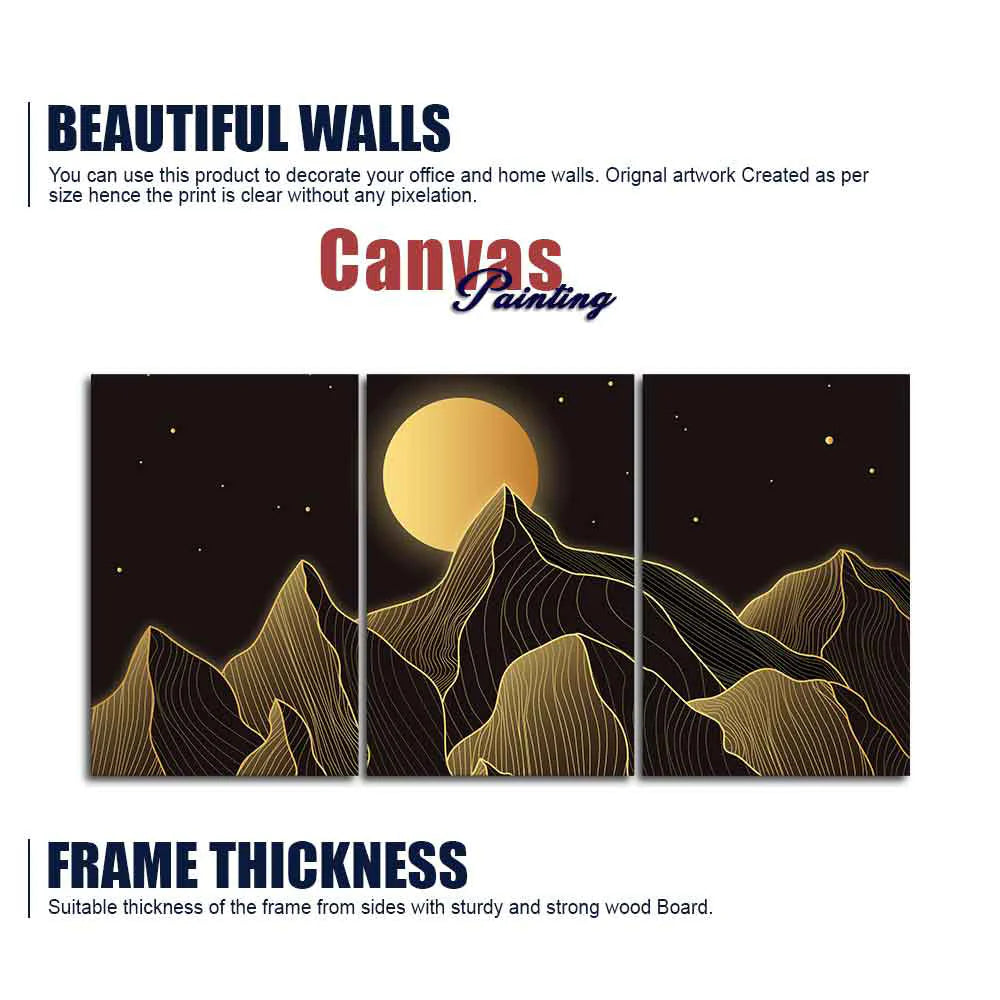 Beautiful Moon and Golden Mountains Wall Painting of 3 Pieces DECORMANTRA