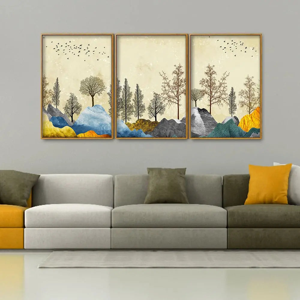 Beautiful Mountain Landscape with Trees Premium Floating Canvas Wall Painting Set of Three Decor Mantra