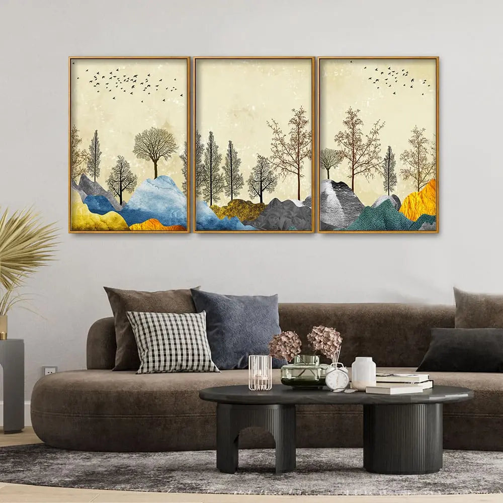 Beautiful Mountain Landscape with Trees Premium Floating Canvas Wall Painting Set of Three Decor Mantra