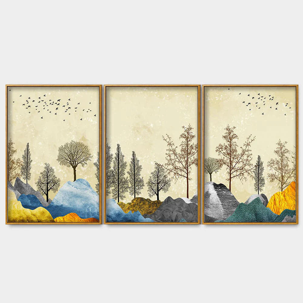 Beautiful Mountain Landscape with Trees Premium Floating Canvas Wall Painting Set of Three DECORMANTRA