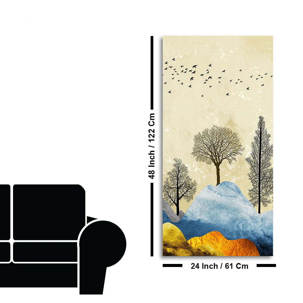 Beautiful Mountain Landscape with Trees and Birds Canvas Wall painting DECORMANTRA