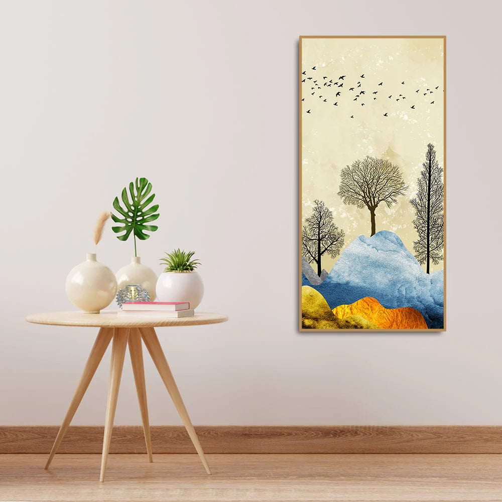 Beautiful Mountain Landscape with Trees and Birds Canvas Wall painting DECORMANTRA