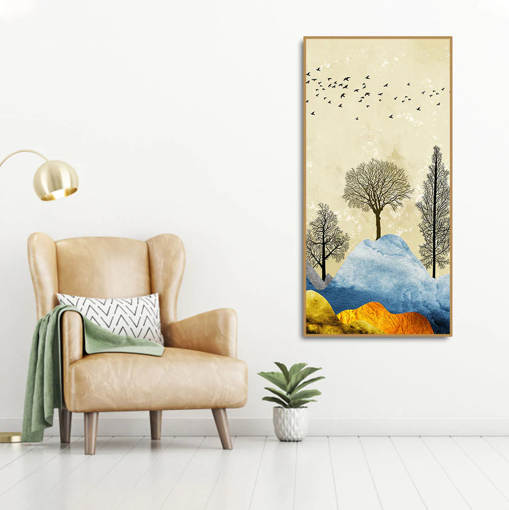 Beautiful Mountain Landscape with Trees and Birds Canvas Wall painting DECORMANTRA
