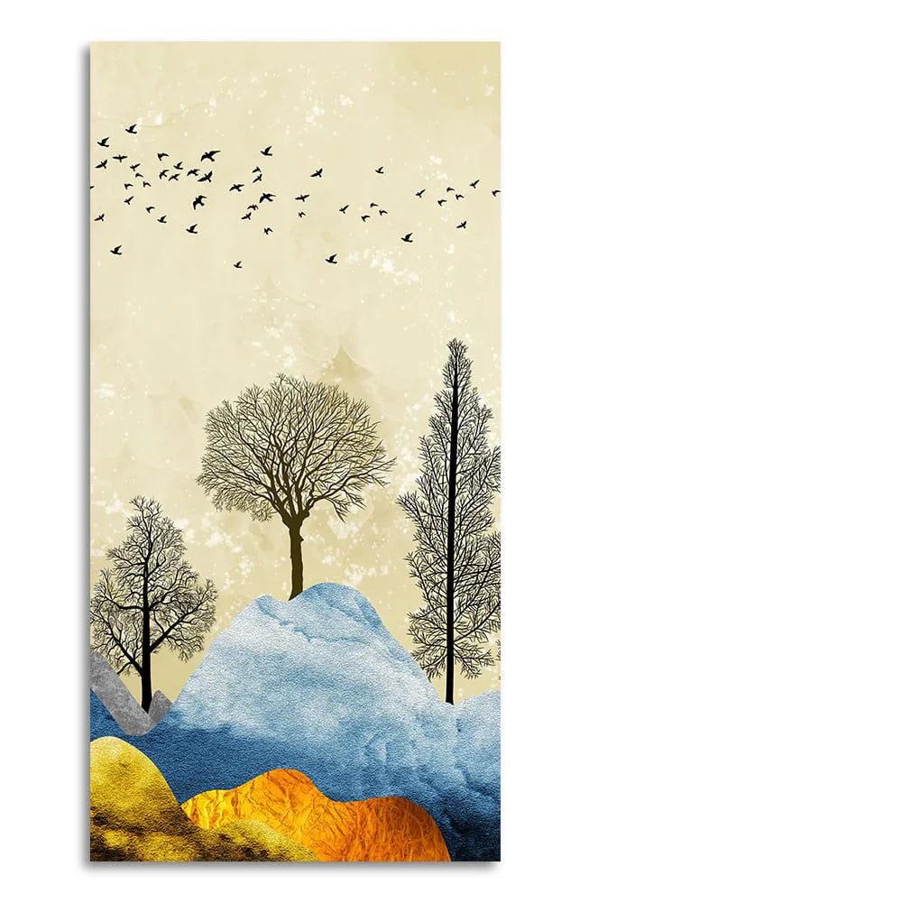 Beautiful Mountain Landscape with Trees and Birds Canvas Wall painting DECORMANTRA