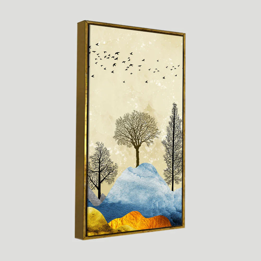 Beautiful Mountain Landscape with Trees and Birds Canvas Wall painting DECORMANTRA