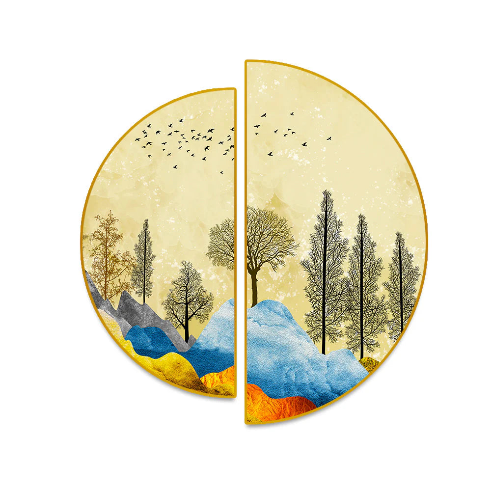 Beautiful Mountain Landscape with Trees and Birds Semi Circle Canvas Wall painting Decor Mantra
