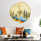 Beautiful Mountain Landscape with Trees and Birds Semi Circle Canvas Wall painting Decor Mantra