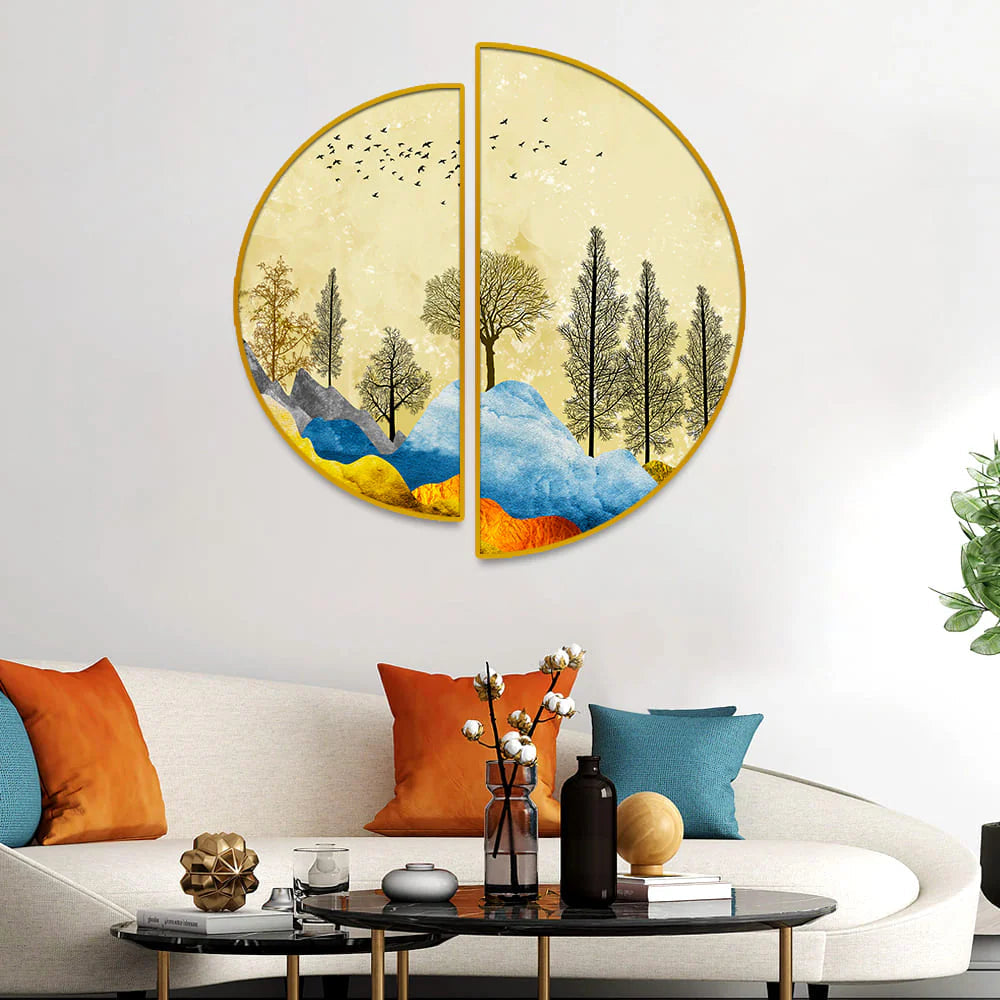 Beautiful Mountain Landscape with Trees and Birds Semi Circle Canvas Wall painting Decor Mantra
