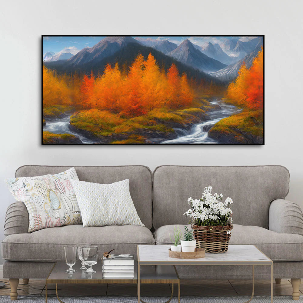 Beautiful Mountains with Autumn foliage of Trees Canvas Wall Painting DECORMANTRA
