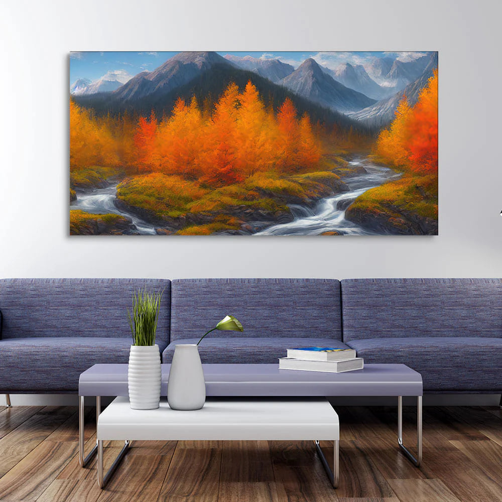 Beautiful Mountains with Autumn foliage of Trees Canvas Wall Painting DECORMANTRA