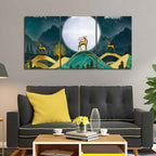Beautiful Night Landscape Golden Deer Wall Painting of Three Pieces DECORMANTRA