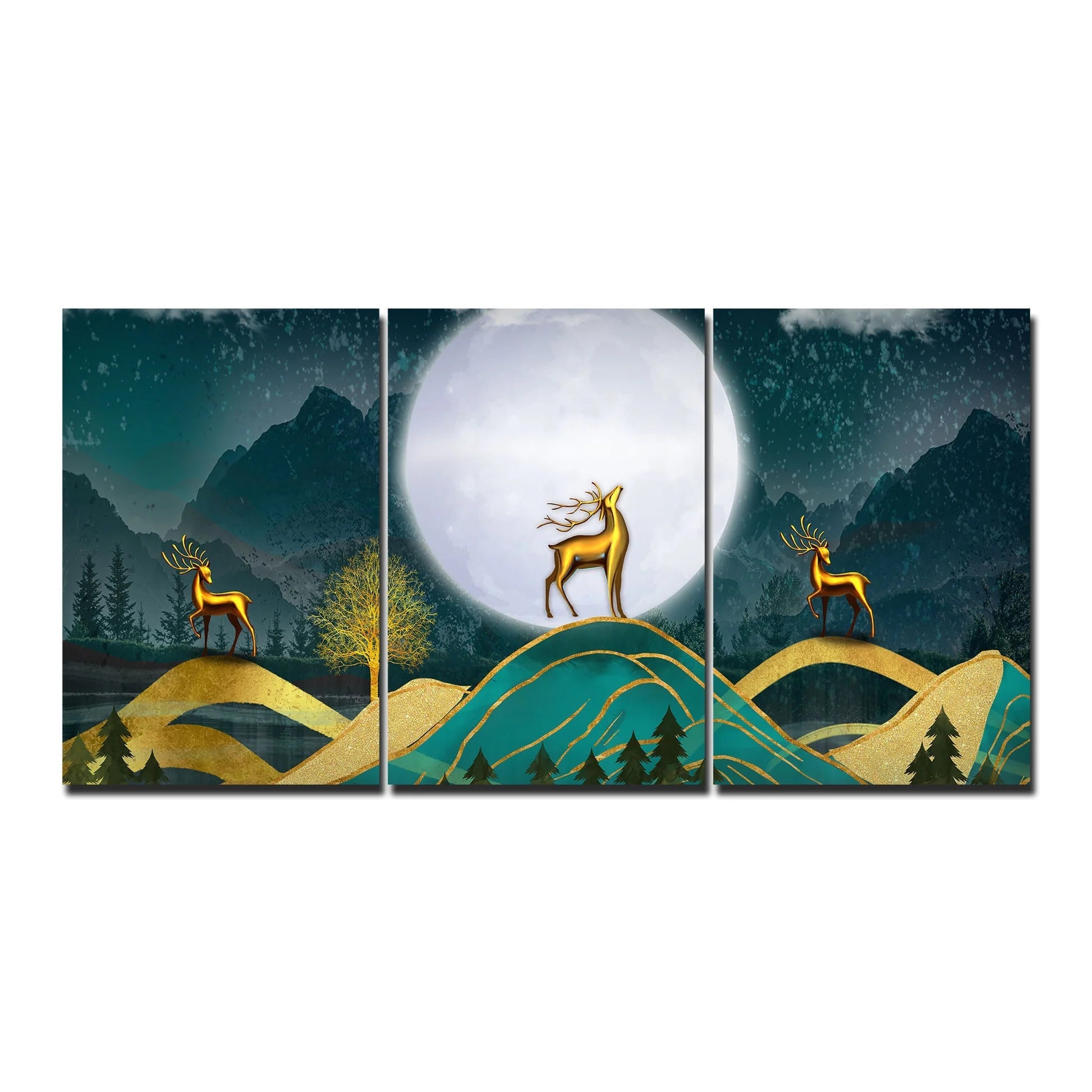 Beautiful Night Landscape Golden Deer Wall Painting of Three Pieces DECORMANTRA