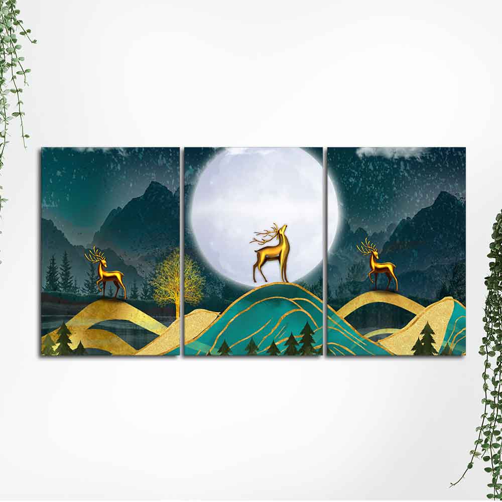 Beautiful Night Landscape Golden Deer Wall Painting of Three Pieces DECORMANTRA