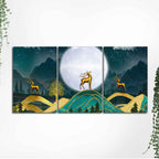 Beautiful Night Landscape Golden Deer Wall Painting of Three Pieces DECORMANTRA