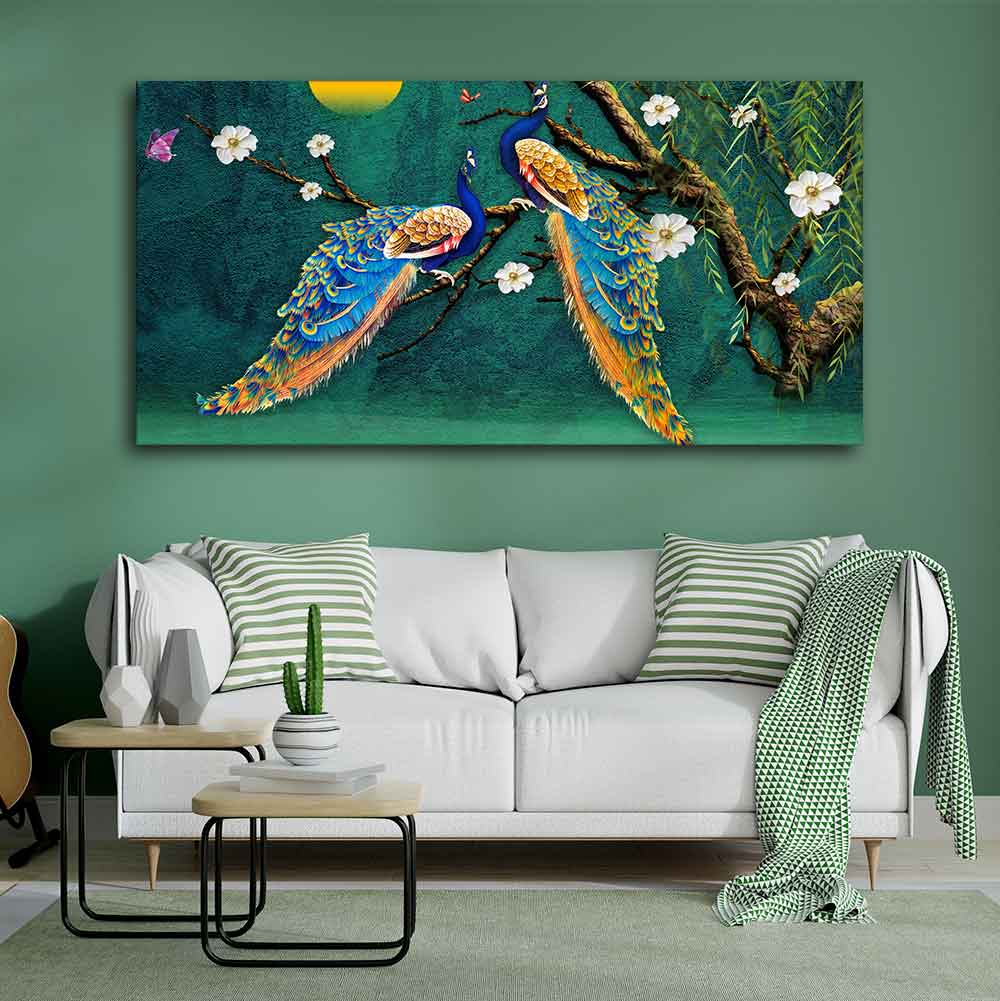 Beautiful Pair of Peacock Canvas Wall Painting Decor Mantra