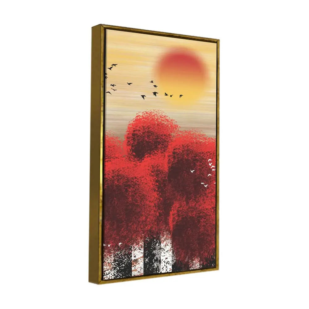 Beautiful Red Tree with Sunrise Scenery Canvas Wall Painting DECORMANTRA