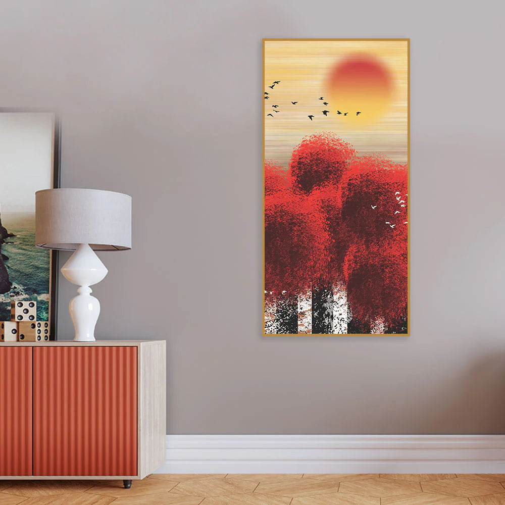 Beautiful Red Tree with Sunrise Scenery Canvas Wall Painting Decor Mantra
