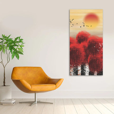 Beautiful Red Tree with Sunrise Scenery Canvas Wall Painting