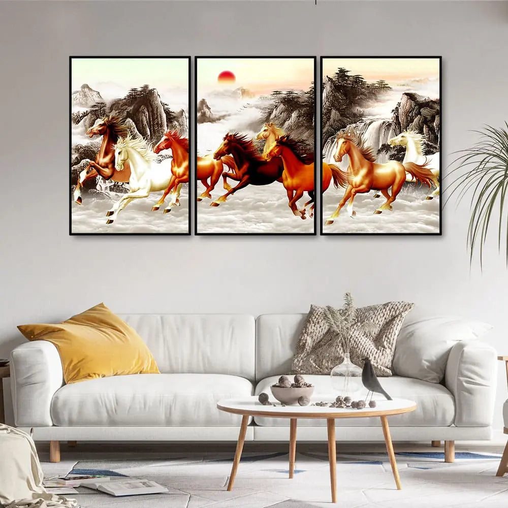 Beautiful Running Horses at Sunset Floating Canvas Wall Painting Set of 3 DECORMANTRA