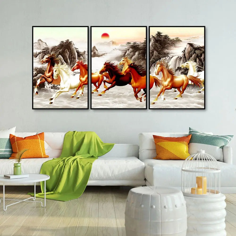 Beautiful Running Horses at Sunset Floating Canvas Wall Painting Set of 3 DECORMANTRA