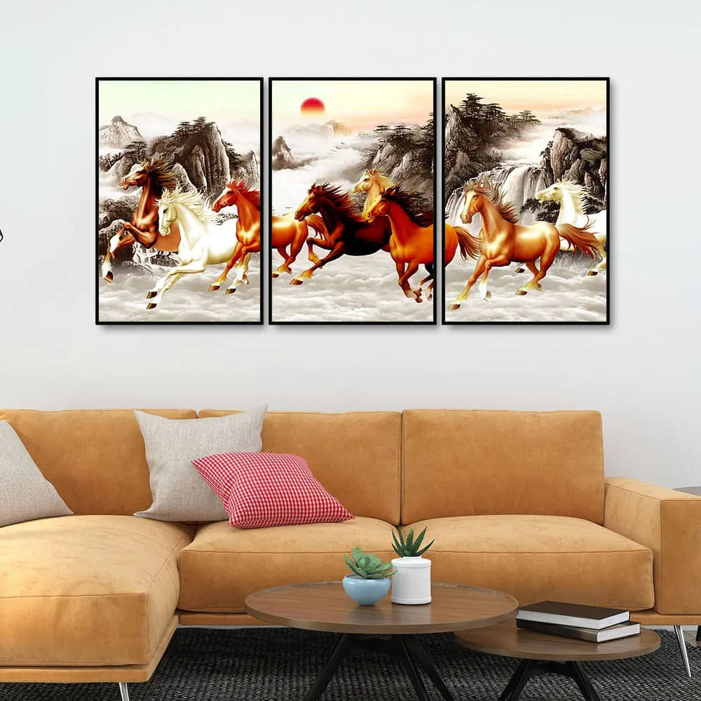 Beautiful Running Horses at Sunset Floating Canvas Wall Painting Set of 3 DECORMANTRA