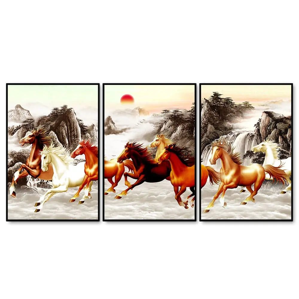 Beautiful Running Horses at Sunset Floating Canvas Wall Painting Set of 3 DECORMANTRA