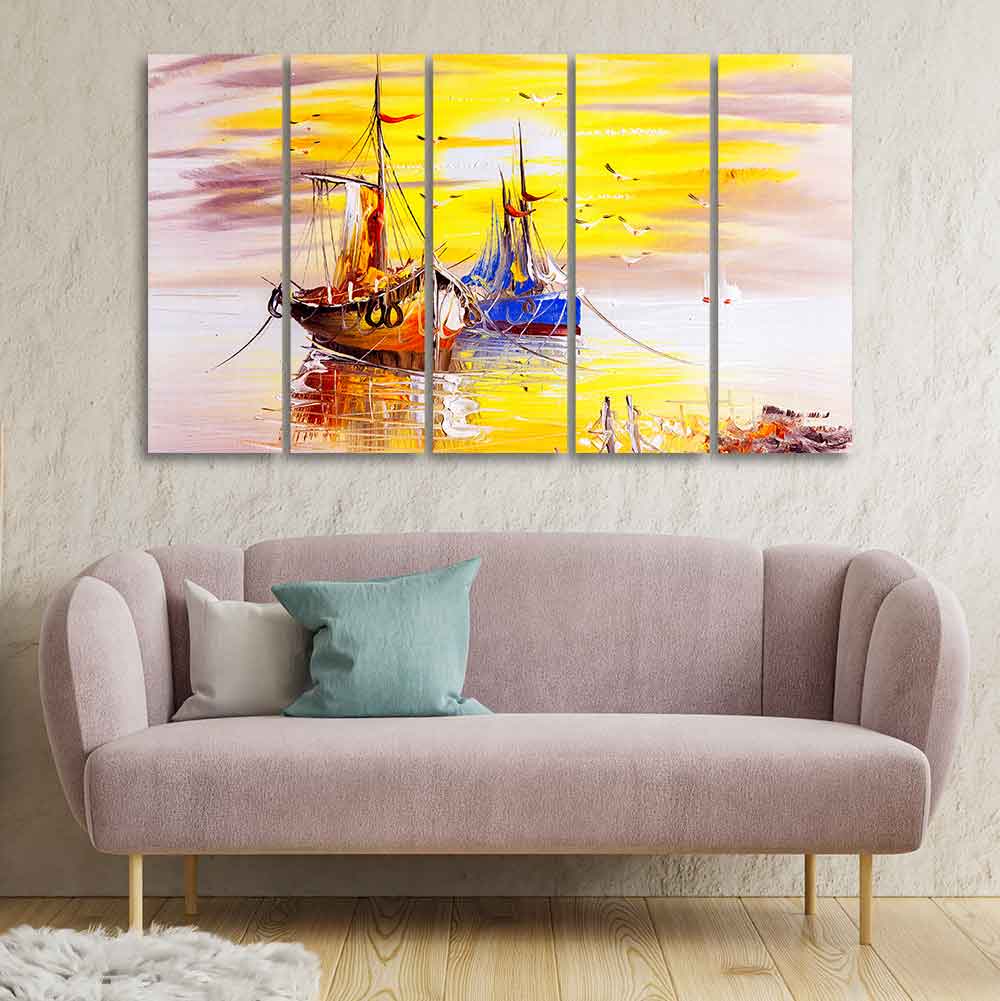 Beautiful Scenery of Sailing Ship on the Ocean Five Pieces Wall Painting DECORMANTRA