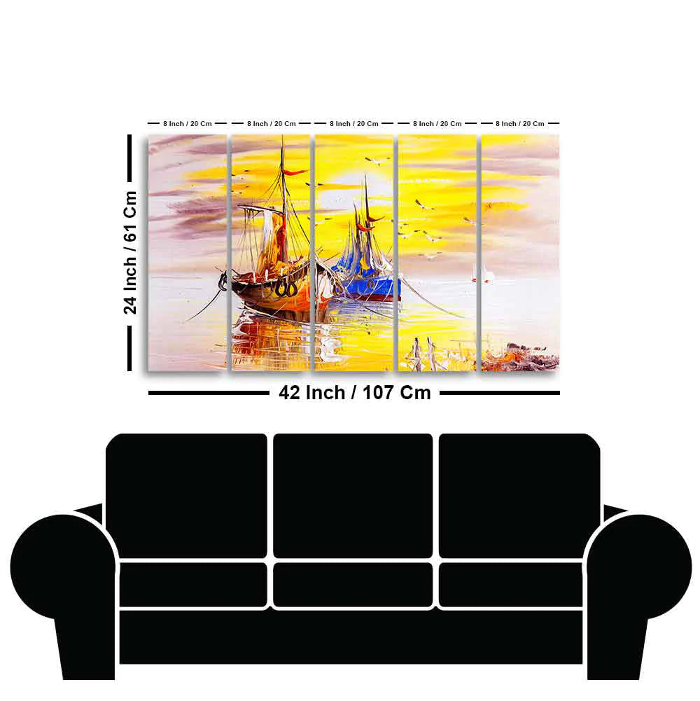 Beautiful Scenery of Sailing Ship on the Ocean Five Pieces Wall Painting DECORMANTRA