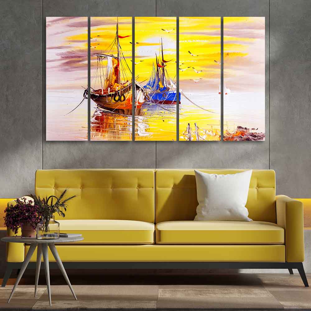 Beautiful Scenery of Sailing Ship on the Ocean Five Pieces Wall Painting DECORMANTRA