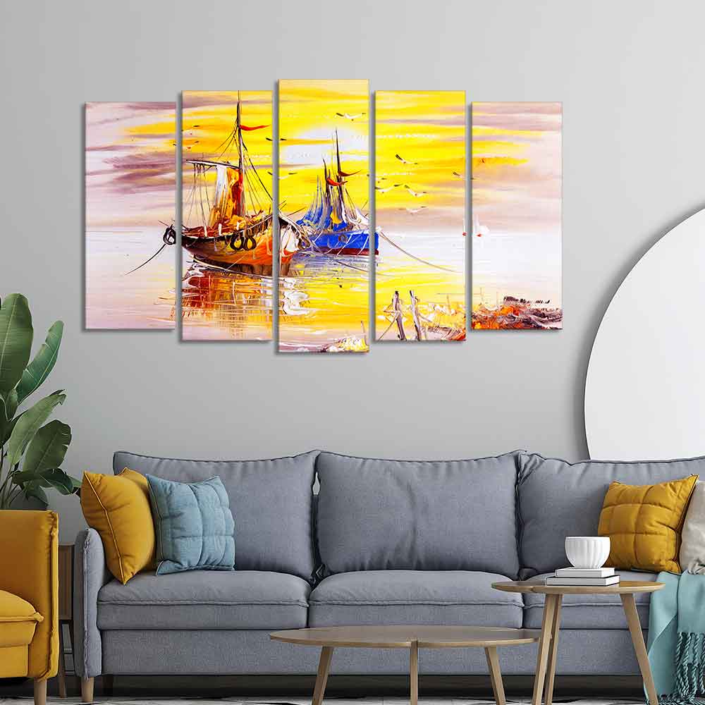 Beautiful Scenery of Sailing Ship on the Ocean Wall Painting Set of Five DECORMANTRA