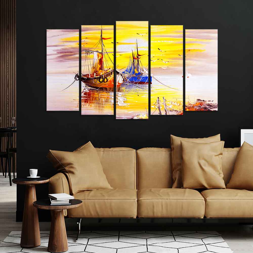 Beautiful Scenery of Sailing Ship on the Ocean Wall Painting Set of Five DECORMANTRA