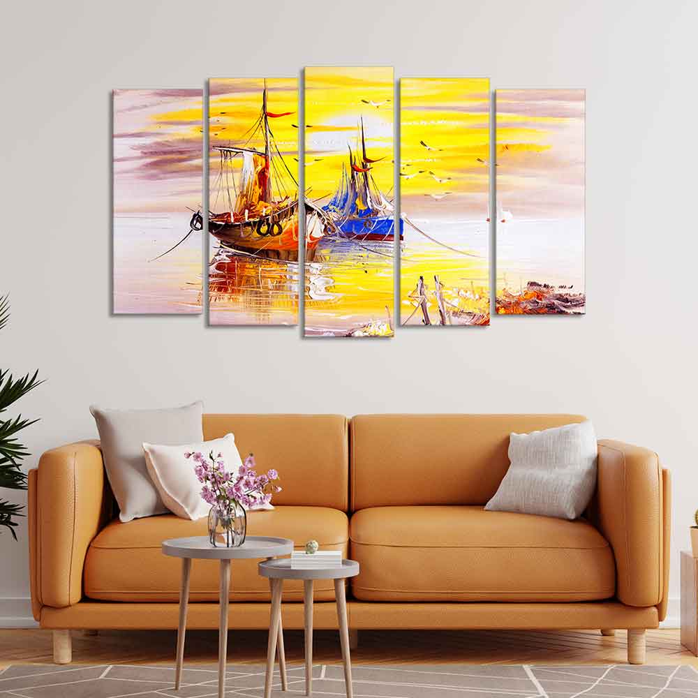 Beautiful Scenery of Sailing Ship on the Ocean Wall Painting Set of Five DECORMANTRA