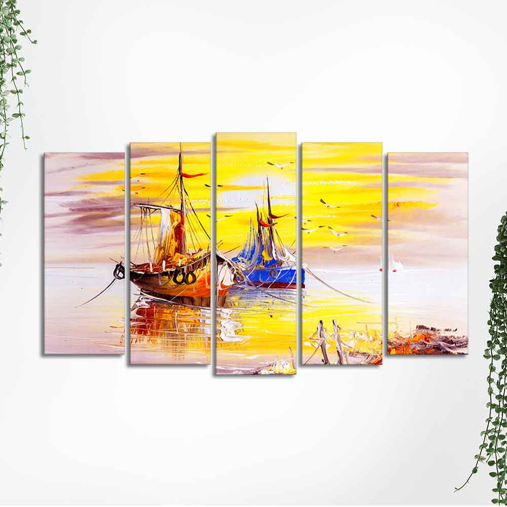 Beautiful Scenery of Sailing Ship on the Ocean Wall Painting Set of Five DECORMANTRA