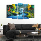 Beautiful Scenery of Waterfall in Forest Canvas Wall Painting Five Pieces DECORMANTRA