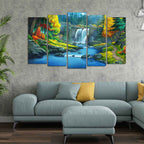 Beautiful Scenery of Waterfall in Forest Canvas Wall Painting Five Pieces DECORMANTRA