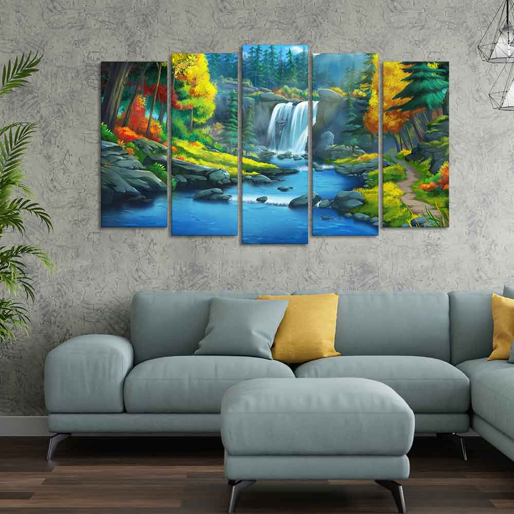 Beautiful Scenery of Waterfall in Forest Canvas Wall Painting Five Pieces DECORMANTRA