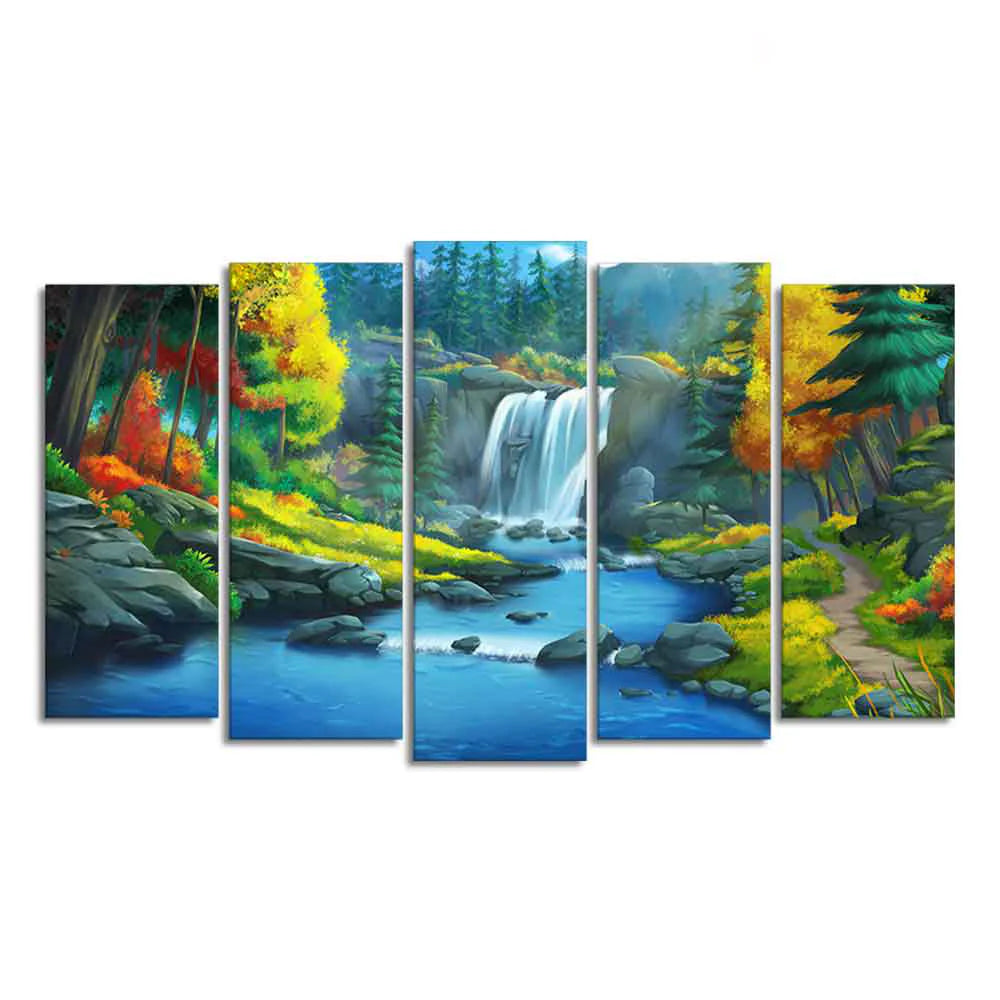 Beautiful Scenery of Waterfall in Forest Canvas Wall Painting Five Pieces DECORMANTRA
