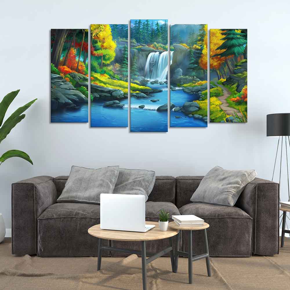 Beautiful Scenery of Waterfall in Forest Canvas Wall Painting Five Pieces DECORMANTRA