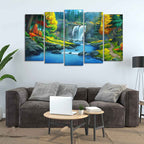 Beautiful Scenery of Waterfall in Forest Canvas Wall Painting Five Pieces DECORMANTRA