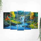 Beautiful Scenery of Waterfall in Forest Canvas Wall Painting Five Pieces DECORMANTRA