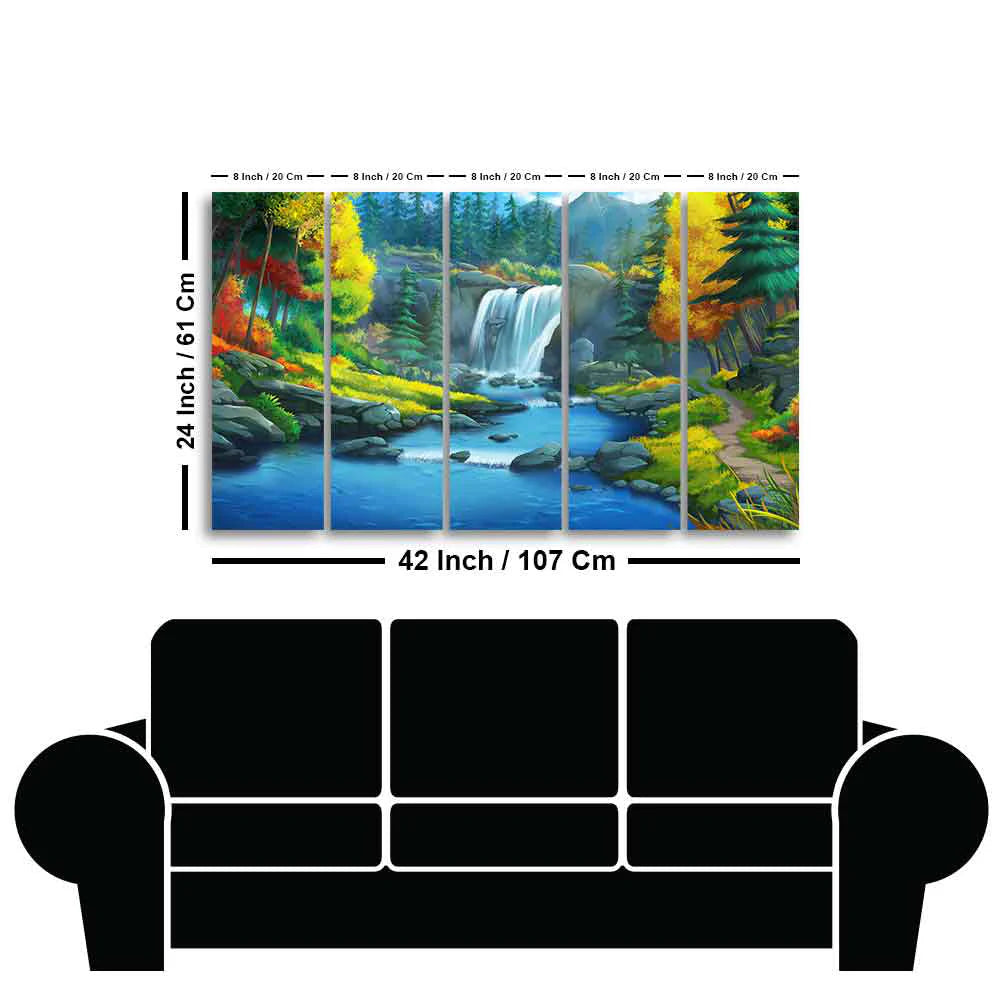 Beautiful Scenery of Waterfall in Forest Canvas Wall Painting Set of Five DECORMANTRA