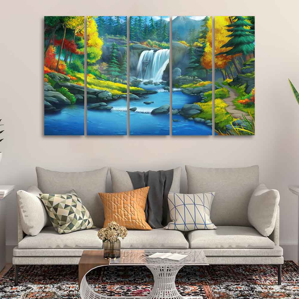Beautiful Scenery of Waterfall in Forest Canvas Wall Painting Set of Five DECORMANTRA