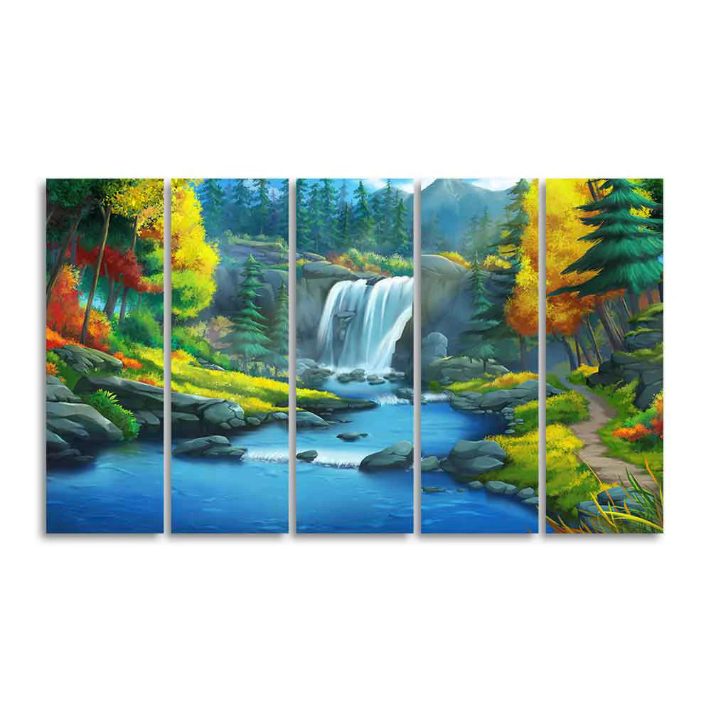 Beautiful Scenery of Waterfall in Forest Canvas Wall Painting Set of Five DECORMANTRA