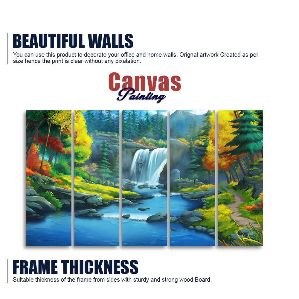 Beautiful Scenery of Waterfall in Forest Canvas Wall Painting Set of Five DECORMANTRA