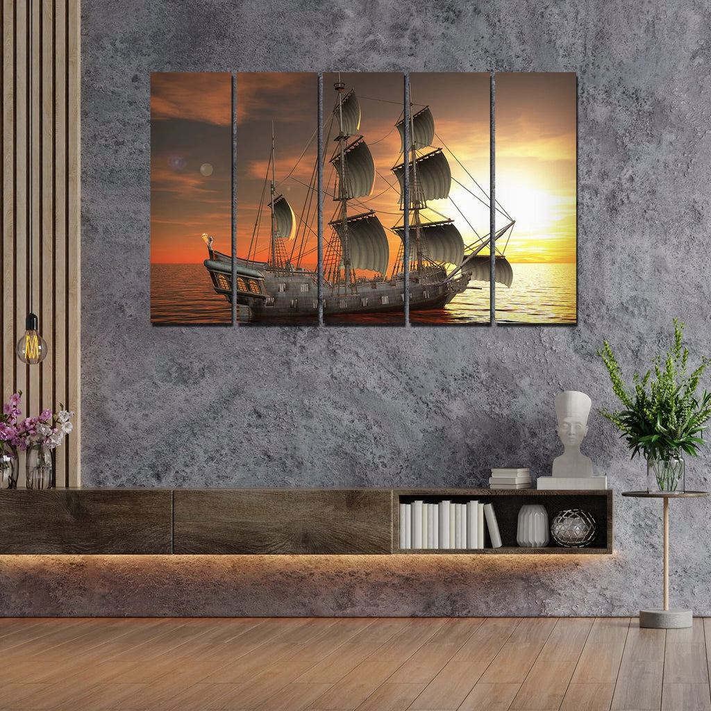 Beautiful Ship in the Sea Canvas Wall Painting 5 Pieces DECORMANTRA